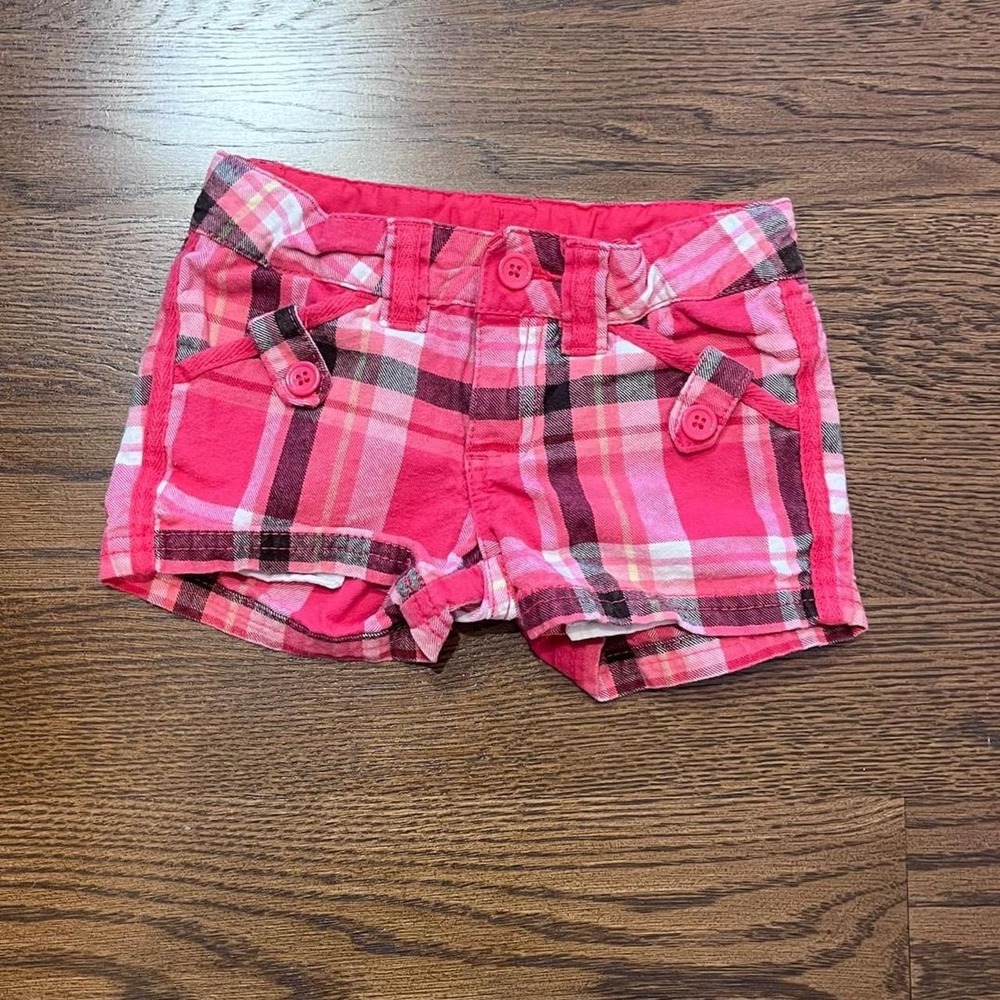 🍟y2k‎ KIDS girls pink plaid cargo denim shorts size 4